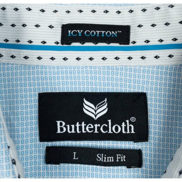 Buttercloth Icy Cotton Shirt Men Large Slim Fit Blue Geometric Stretch Button-Up - Picture 3 of 13
